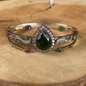 Ottoman Handmade Authentic Sterling Silver Bracelet with Emerald and CZ Diamonds